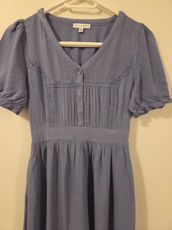 Baltic Born blue midi dress XS puff sleeves tiered pleats cottage core prairie - Picture 4 of 16